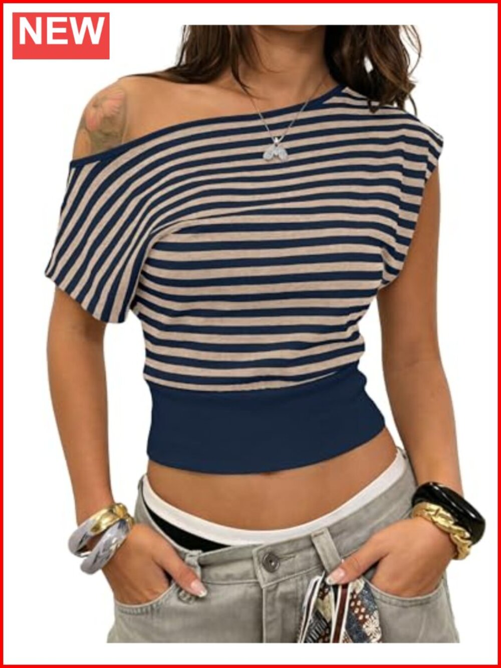Cioatin Women Off Shoulder Striped Crop T-Shirt Asymmetric One Sleeve Cinched